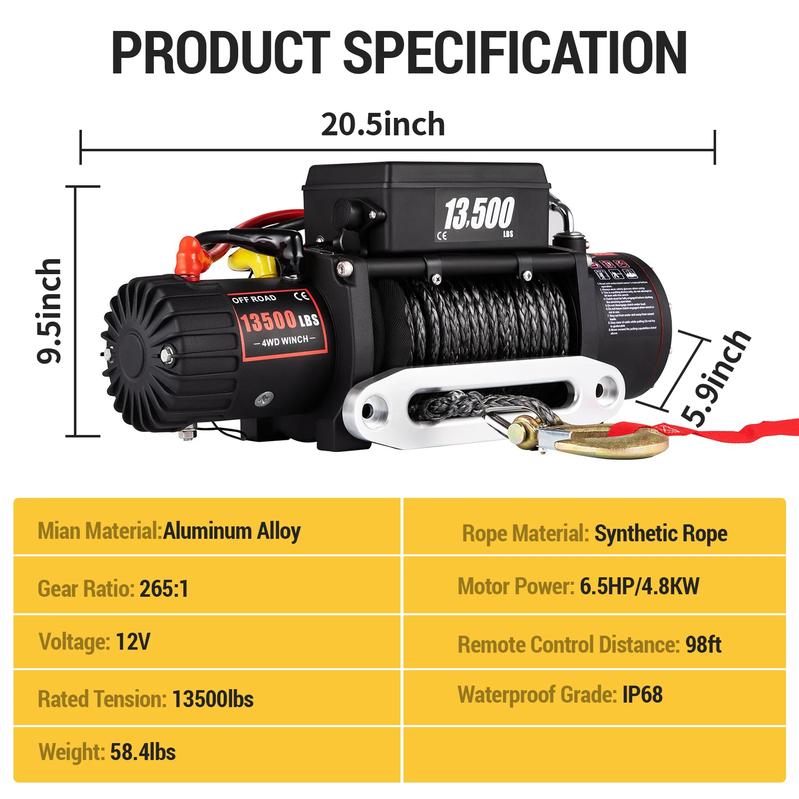  13500LBS 12V Electric Recovery Winch Heavy Duty Synthetic Rope 79FT Wireless Remote Off-Road for SUV Jeep Truck ATV Trailer Boat