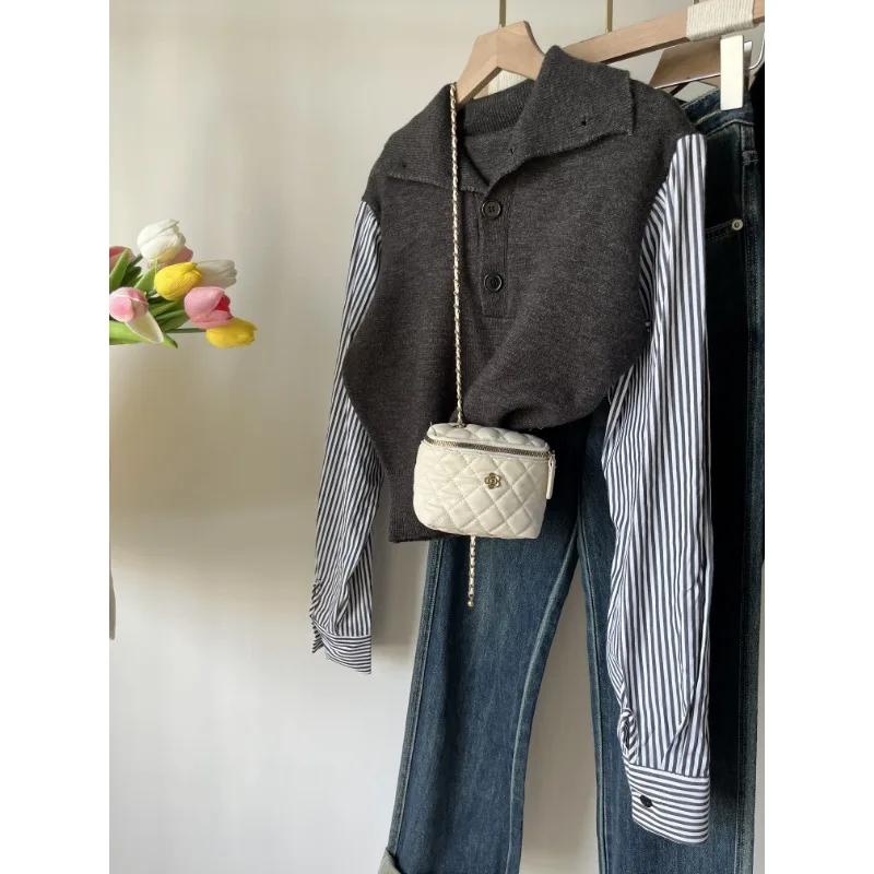 

Fake Two Piece Patchwork Knitting Pullovers Top Women Autumn Winter New Long Sleeve Loose Sweaters Vintage Casual Tops