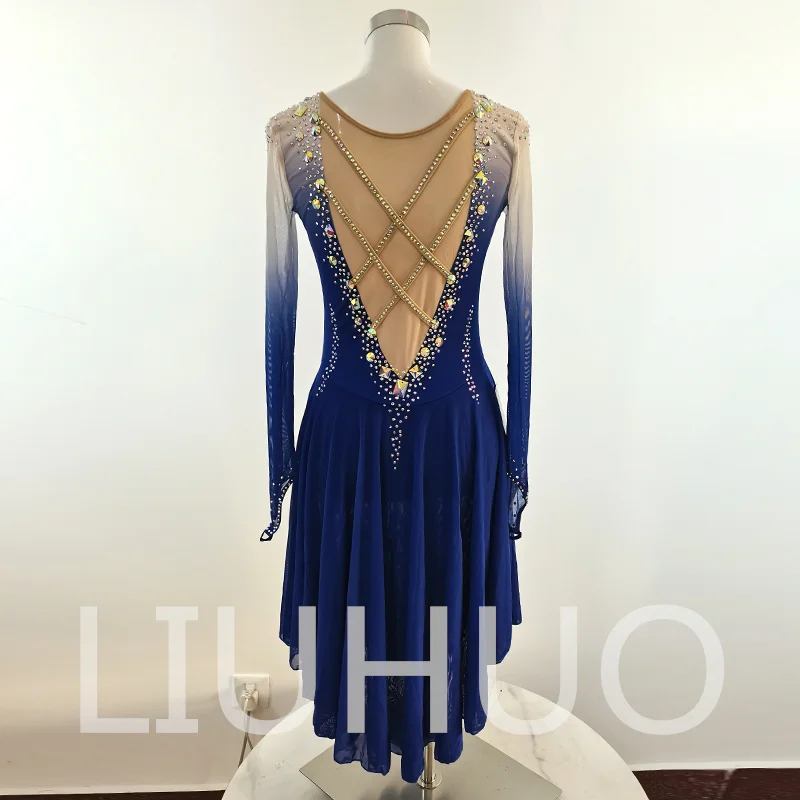 LIUHUO Pattinaggio di Figura sul Ghiaccio Abito Blu Ragazze Donne Adolescenti Abito da Competizione in Spandex Elastico