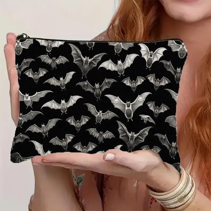 1pc Halloween Theme Black White Bat Makeup Bag perfect for storing cosmetics, stationery, cables, snacks, toiletries, essentials