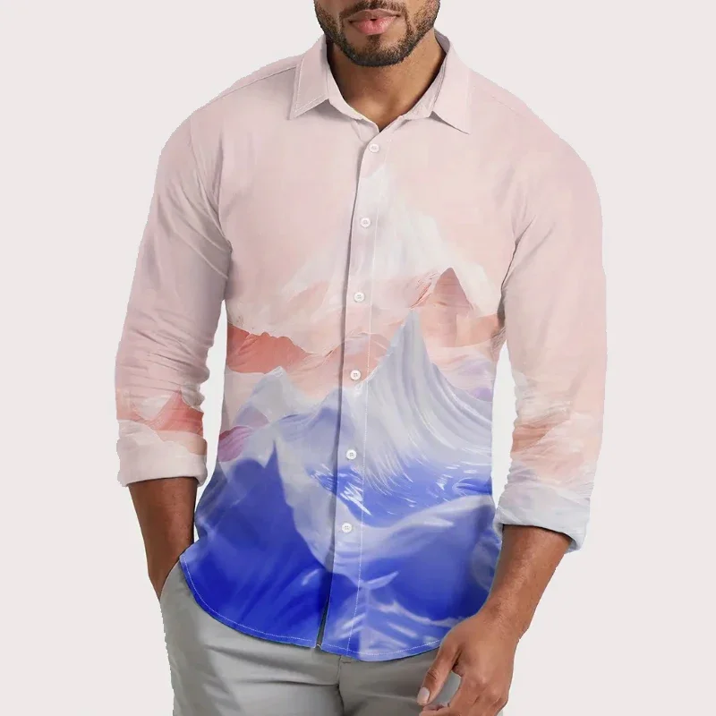 2024 nova pintura de paisagem camisa de manga longa moda personalidade lapela botão casual cardigan camisa oversized XS-6XL