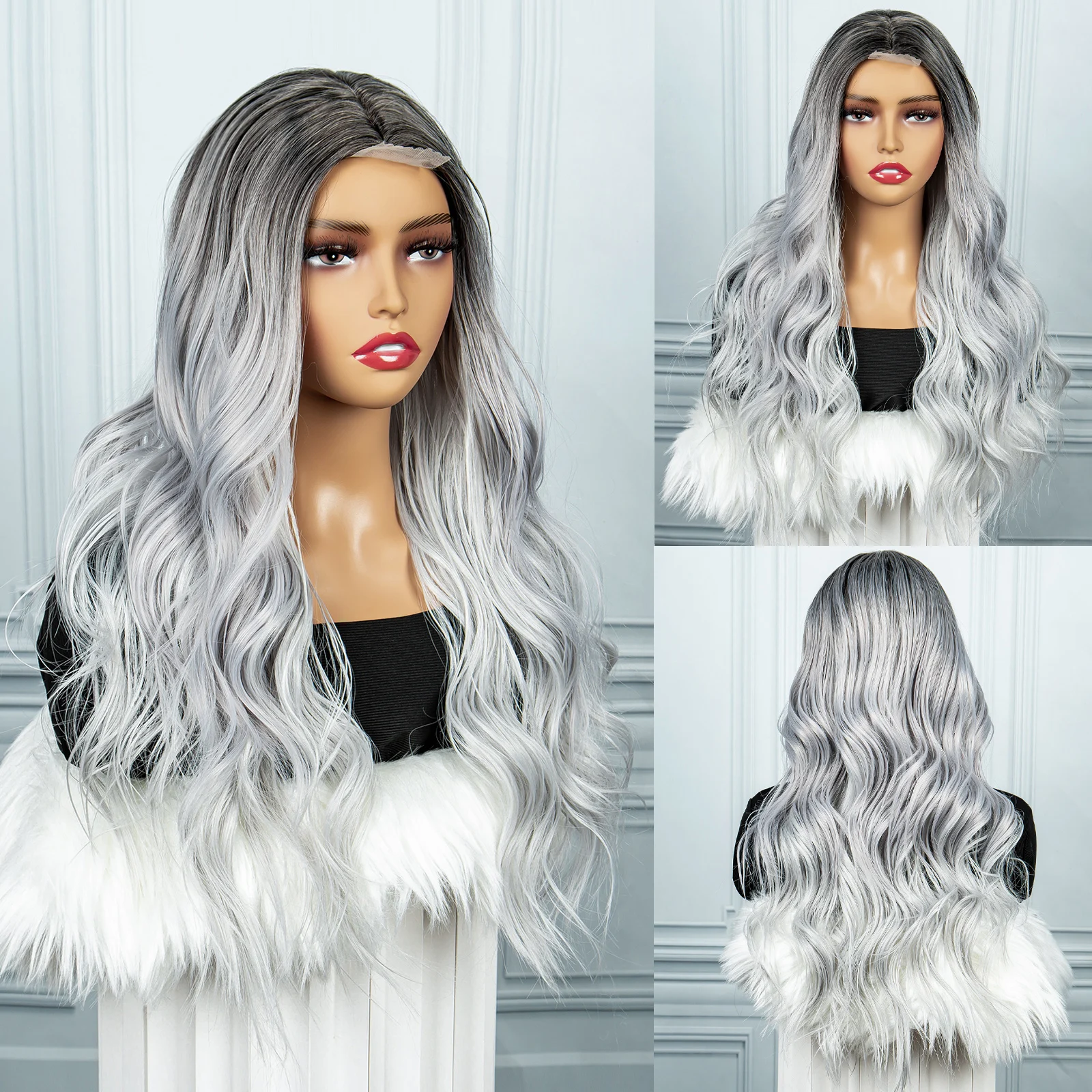 

Synthetic Gradient Wavy Wig 4x2 Lace Front Body Wave Gradient Gray Wig 26 Inch Silver Wavy Fiber Hair Long Wig For Women