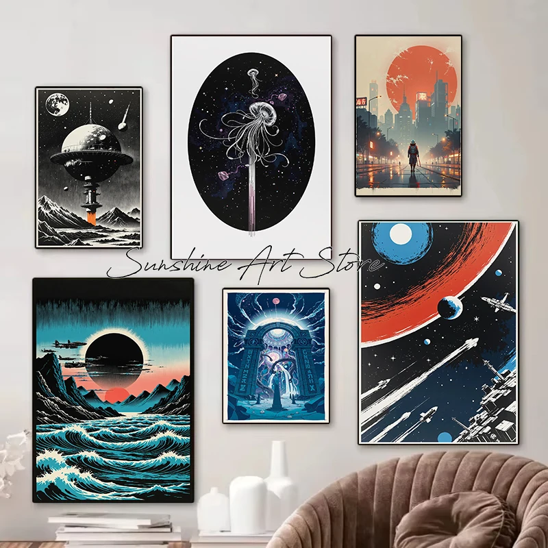 Cyberpunk City Nightscape Retro Sci-Fi Astronaut Cosmic Voyager in Futuristic Helmet Alien Poster Canvas Painting Wall Pictures