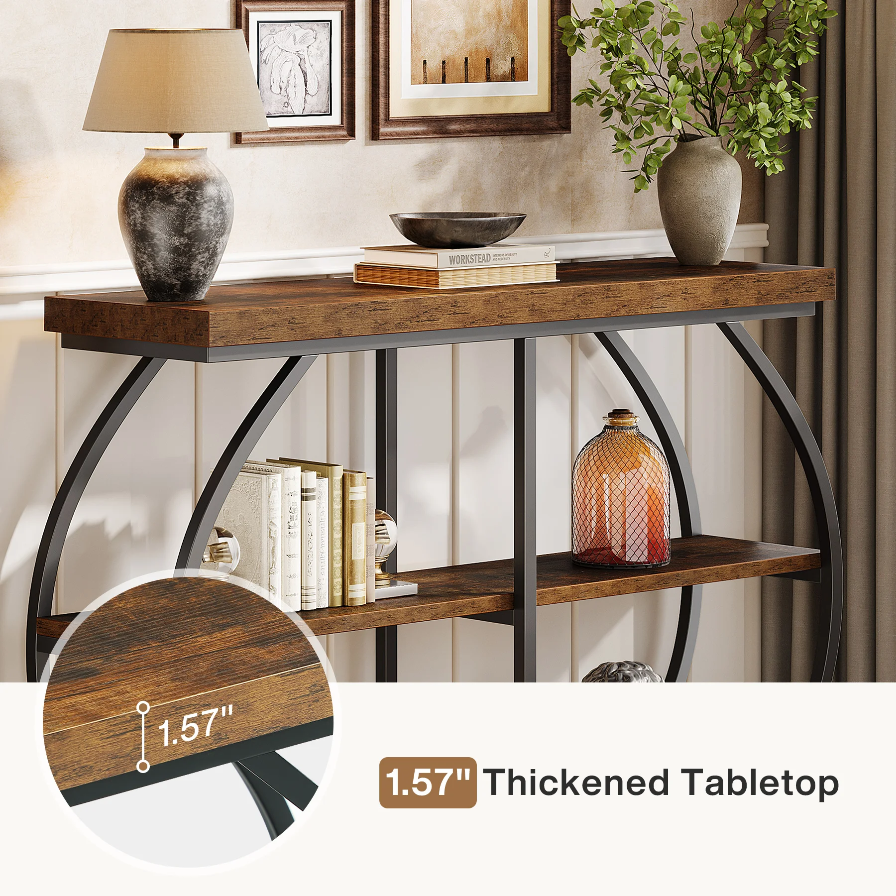 Tribesigns 41.3" Console Table, Industrial 3-Tier Entryway Table with Arched Metal Frame and Storage Shelves for Living Room view 6