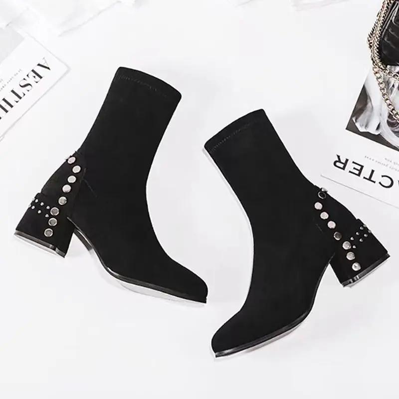 Shoes for Woman Half High Heels Women\'s Boots Studded Footwear Elegant Heeled Elastic Black Mid Calf Fashion 2024 Winter Novelty