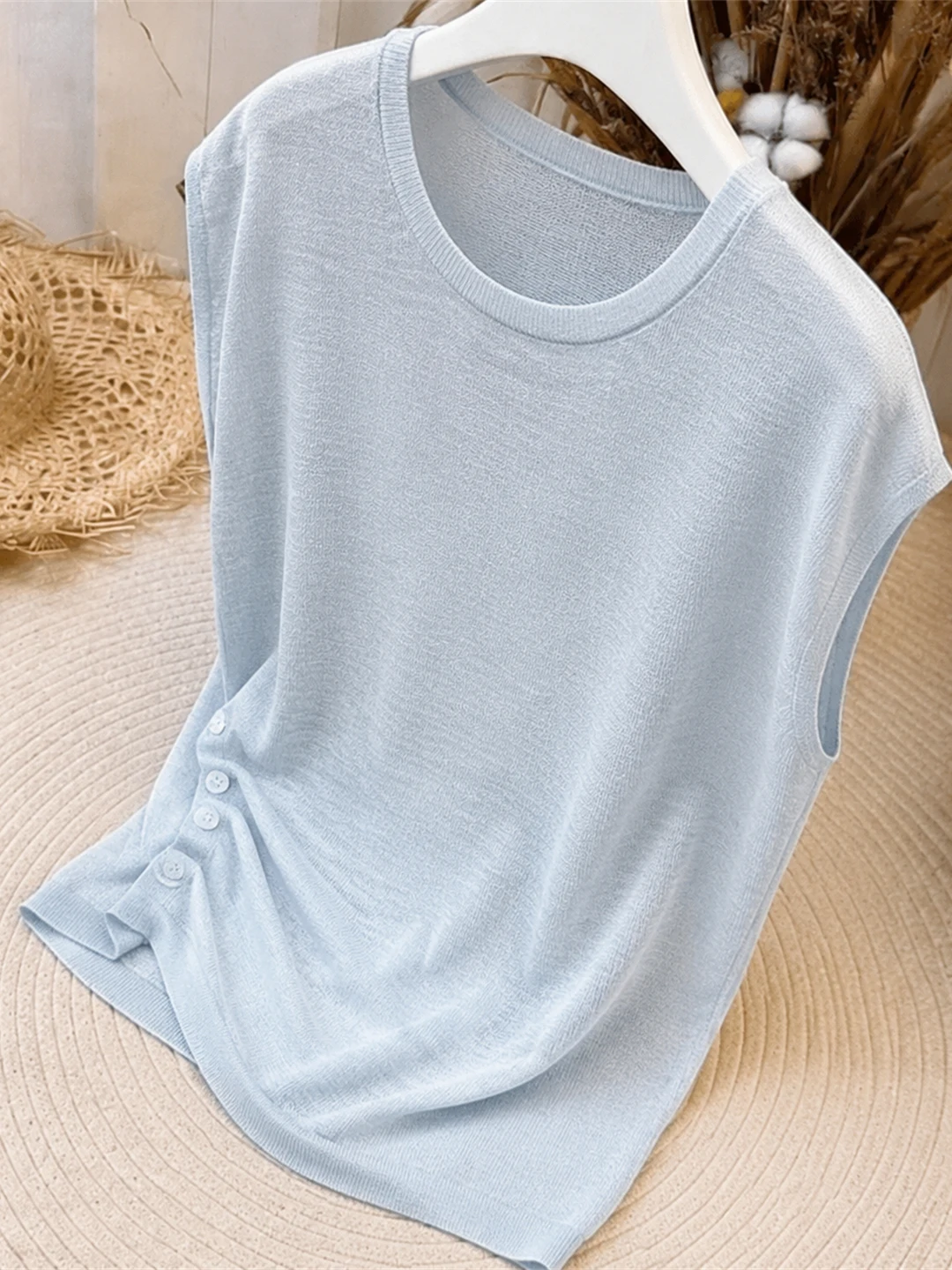 

Sweet Soft Style round Neck Ice Silk Knitted Top Fashion Slimming Summer Commute Korean Version Straight Cut Short Sleeve