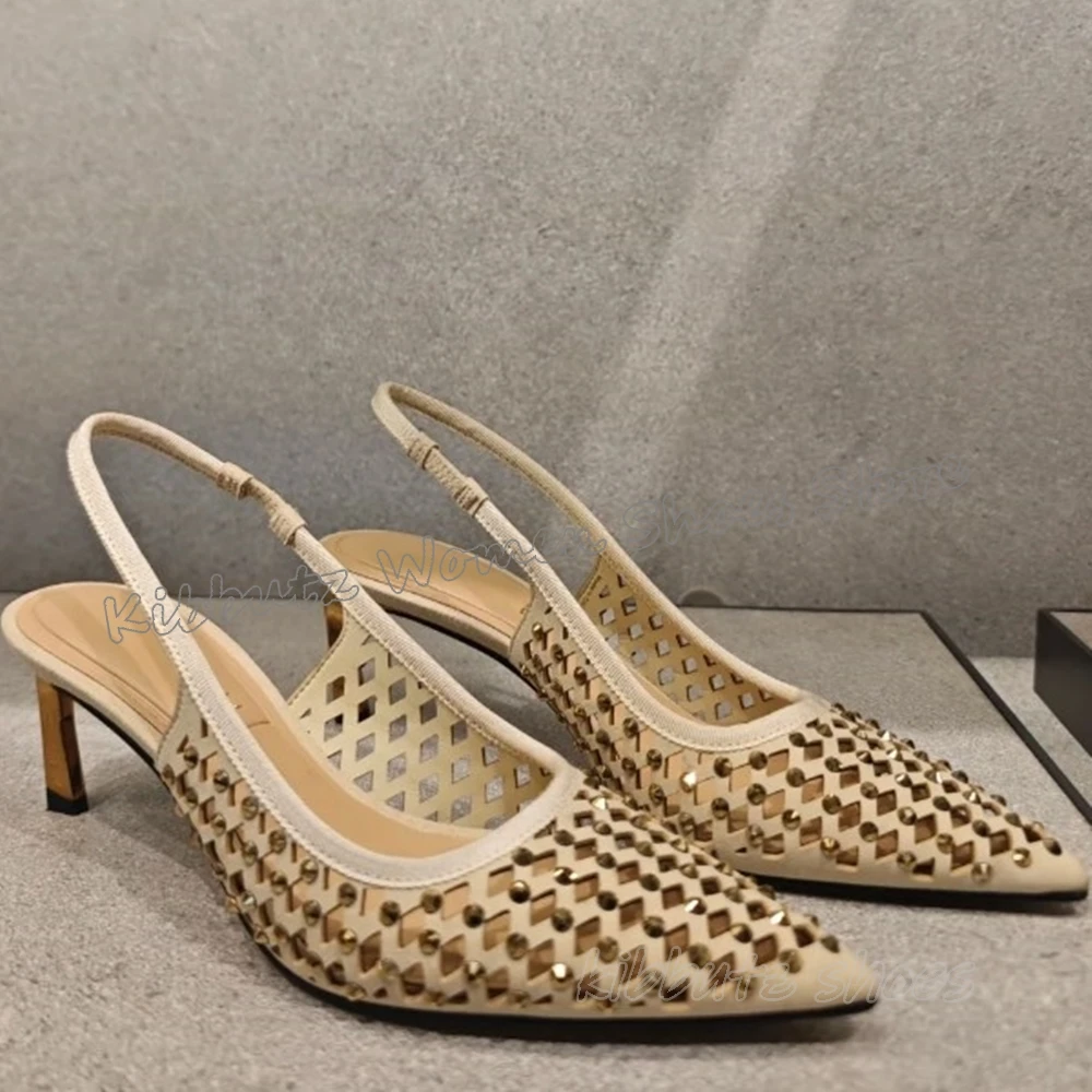 

Rivets Pumps Slip-On Luxury Elegant Fashion Comfortable Genuine Leather Solid Color Party Wedding Women Shoes Pointy Thin Heels