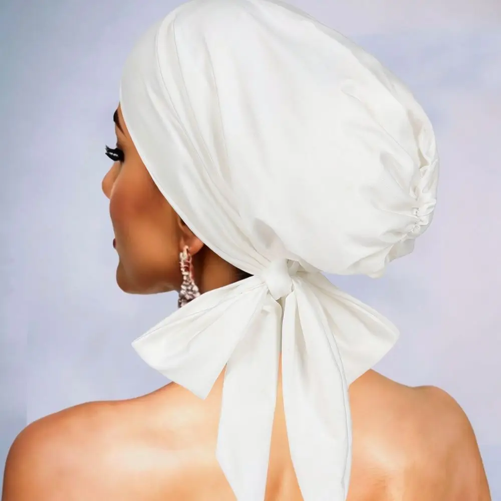 Elastic Long Tail Turban For Musily Women Bowknot Cap Breathable Soft Polyester Beanie Comfortable Daily Headwrap Cover
