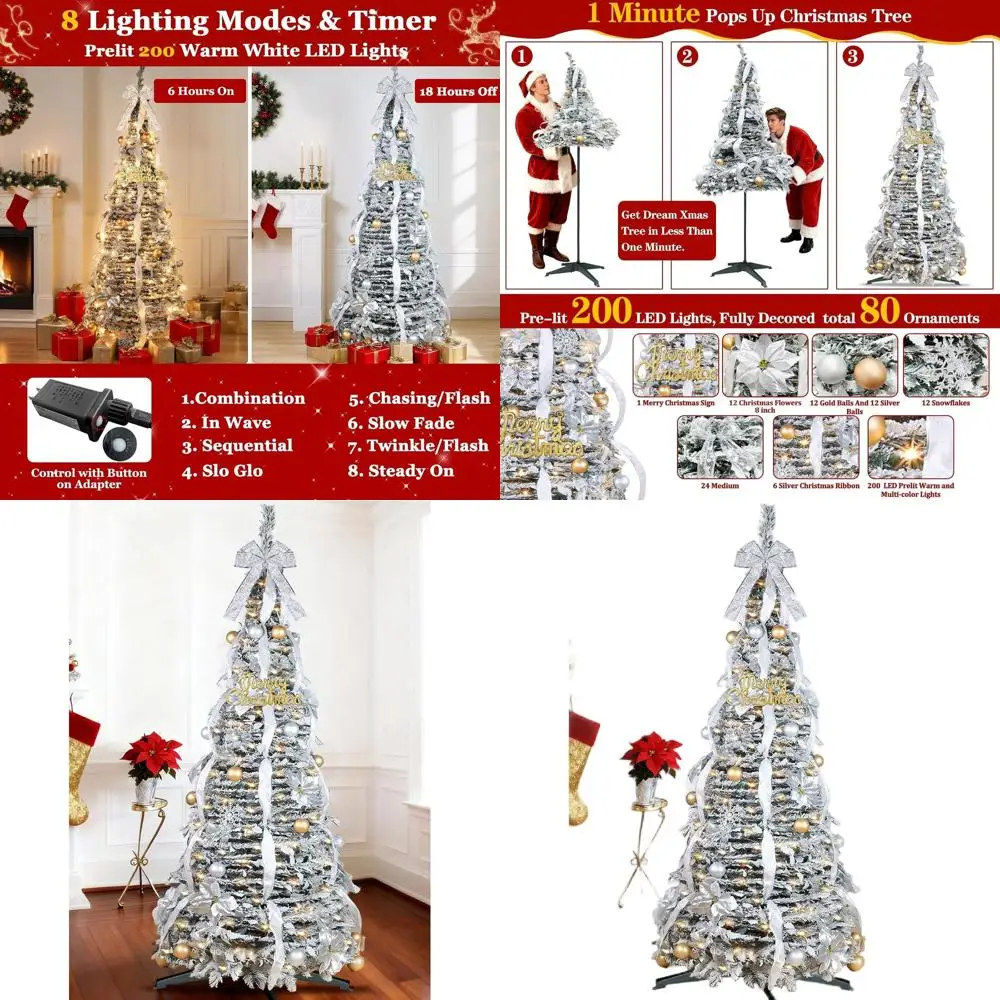 

Мгновенно открытая флокированная рождественская елка длиной 6 футов с 200 светодиодами, 80 украшений, 8 режимами освещения и таймером, огнестойкая для внутреннего или Ou