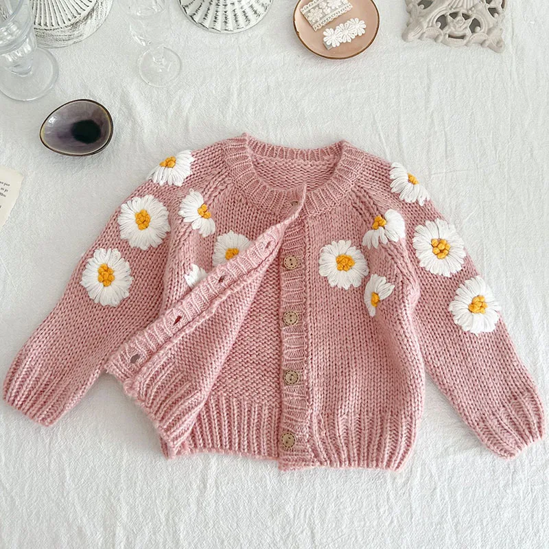 Toddler Baby Girls Sweater Coat Handmade Flower Embroidery Infant Baby Girl Knitting Cardigan Autumn Spring Baby Girl Clothing