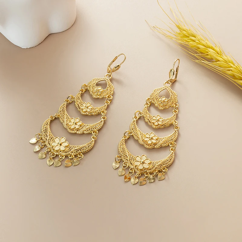 

A Pair Of Moon Heart Pendant Dangle Earrings, Hollow Multi-Layer Design Ethnic Dance Accessory Holiday Gift