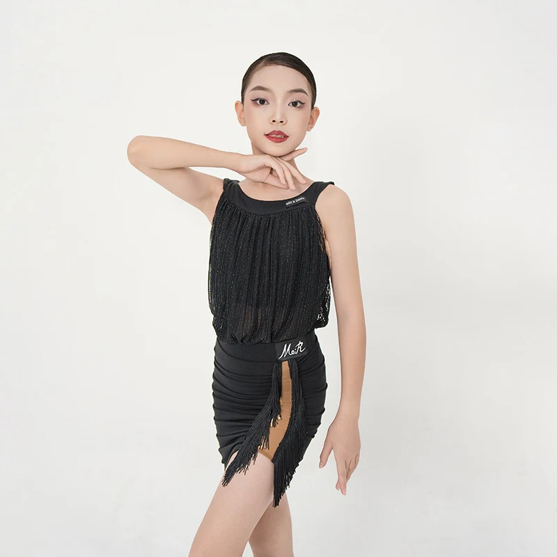 Fashion Latin Dance Competition Clothing Children'S Ballroom Dance Costume Girls Black Latin Dance Tassels Dresses SL13906