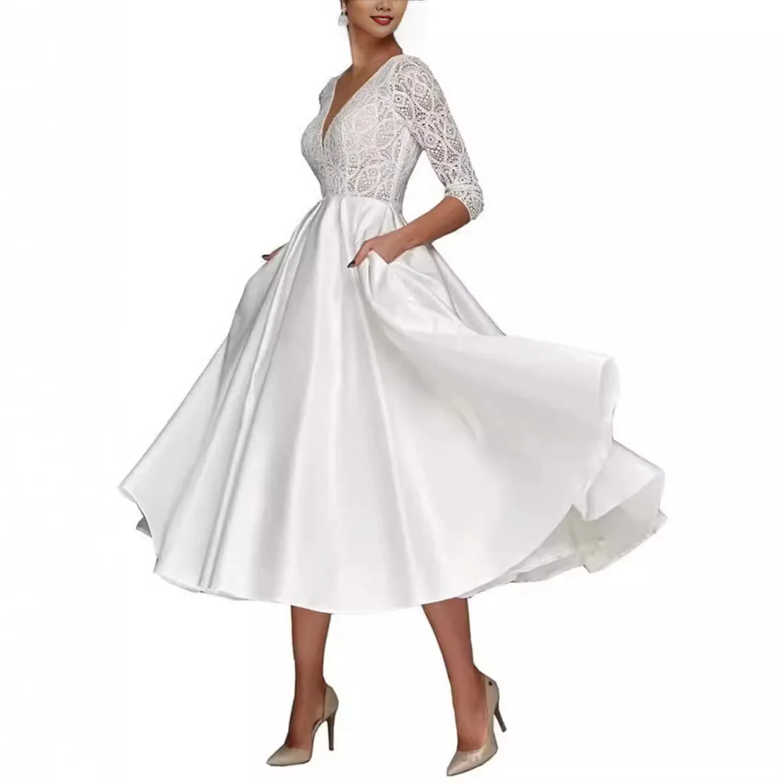 

Long sleeved wedding dress 2025 new V-neck lace slim fit mid length wedding dress