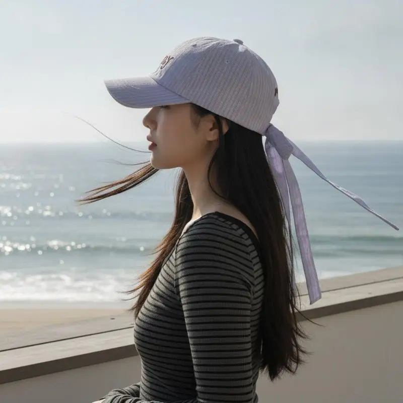 Embroidered Letter Baseball Cap Striped Design Sweet Bow Tie Sports Hat Bow Ribbon Design Cotton Material Embroidered Letter Ca