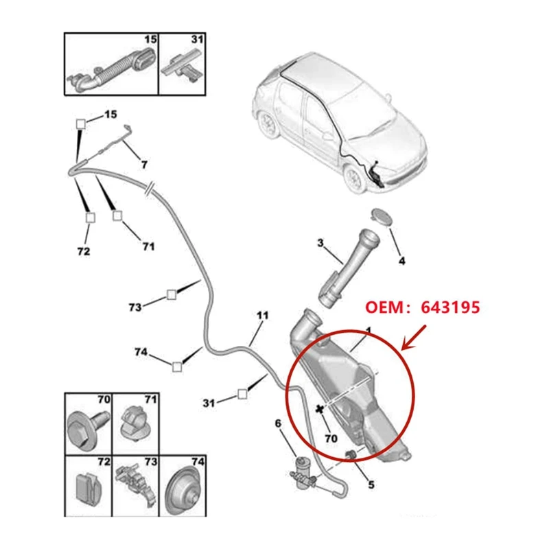 Lave-vitre pour KIT 206 207 206CC, cristaux en C2, essuie-glace précieux, réservoir d'eau, bouilloire 643195