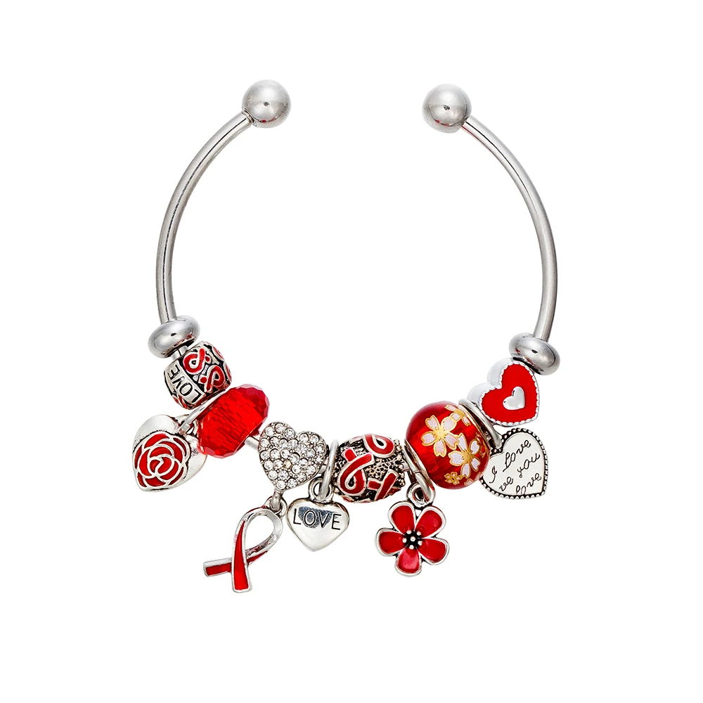 ANNAPAER New Design Fashio Stainless Steel Bangle Jewelry Red Flower Heart Beaded Charms Bracelet Special Offer Gift For Women