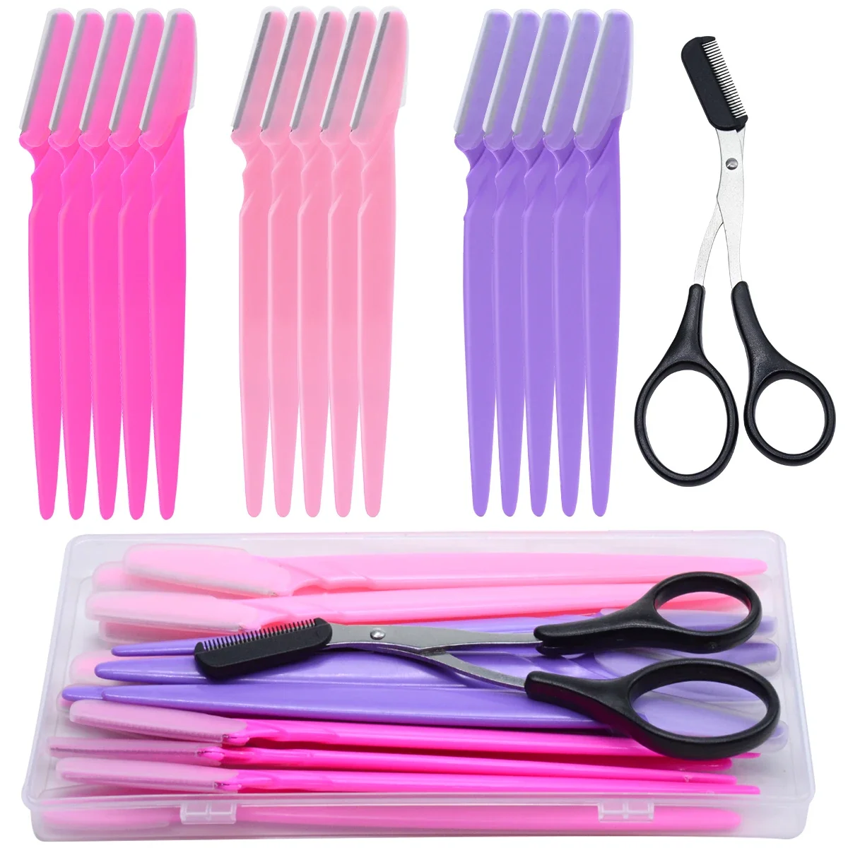 15 ชิ้นมีดโกนคิ้วและ 1 ชิ้นหวีคิ้วกรรไกรล้าง Contianer กรณีผู้หญิง Face และ Body Trimmer ผมเครื่องโกนหนวด Eye Brow