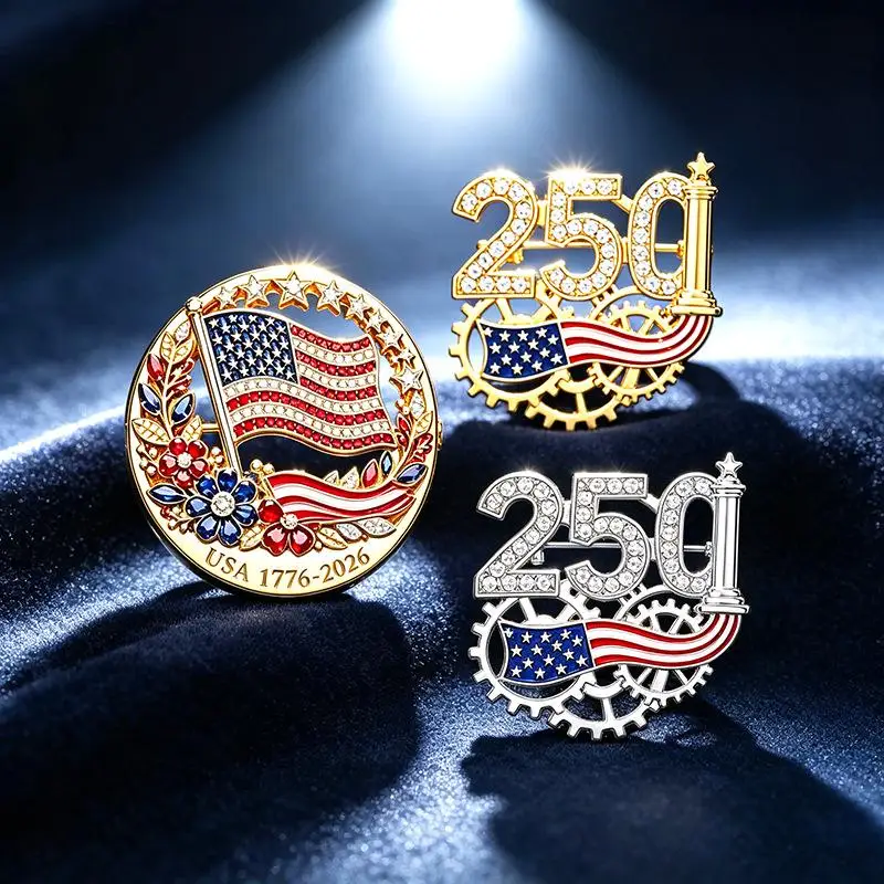 250th USA Anniversary Souvenir Brooch Set Shiny Rhinestone American Flag Durable Alloy for Patriotic Parades Home Display