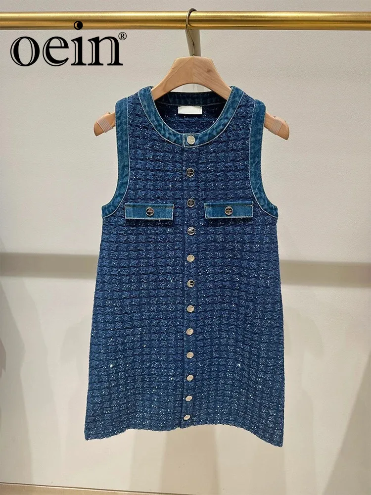 

[oein] Blue Style Style, Sleeveless A-line High end Design Sense, Splicing, Thick Tweed