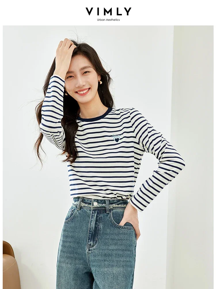 Vimly Cotton Blend Striped T-Shirt for Women 2024 Spring Autumn Long Sleeve Top Female Casual Pullover Tee Shirts Womans Clothes