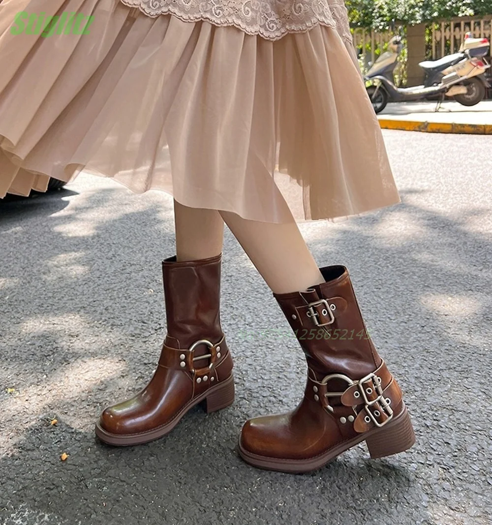 

Western Belt Buckle Boots Leather Retro Small Square Toe Mid-calf Square Heel Metal Button Daily Hot Spring Winter Luxury New