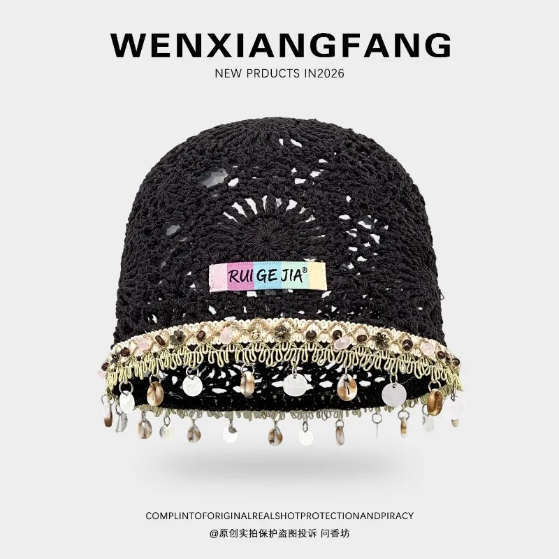 New Bohemian Shell Sequin Tassel Pullover Knitted Hat for Women Autumn Hollow-out Breathable Travel and Vacation Beanie Caps