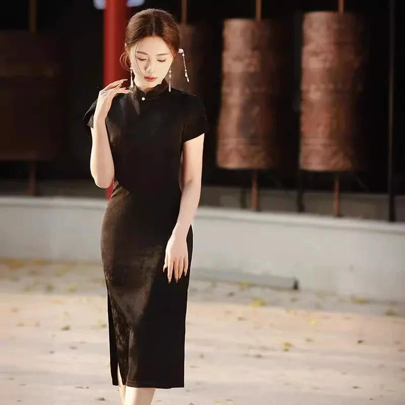 

Длинное платье Cheongsam Old Shanghai, новинка лета 2023, китайское молодежное серое темпераментное платье с короткими рукавами