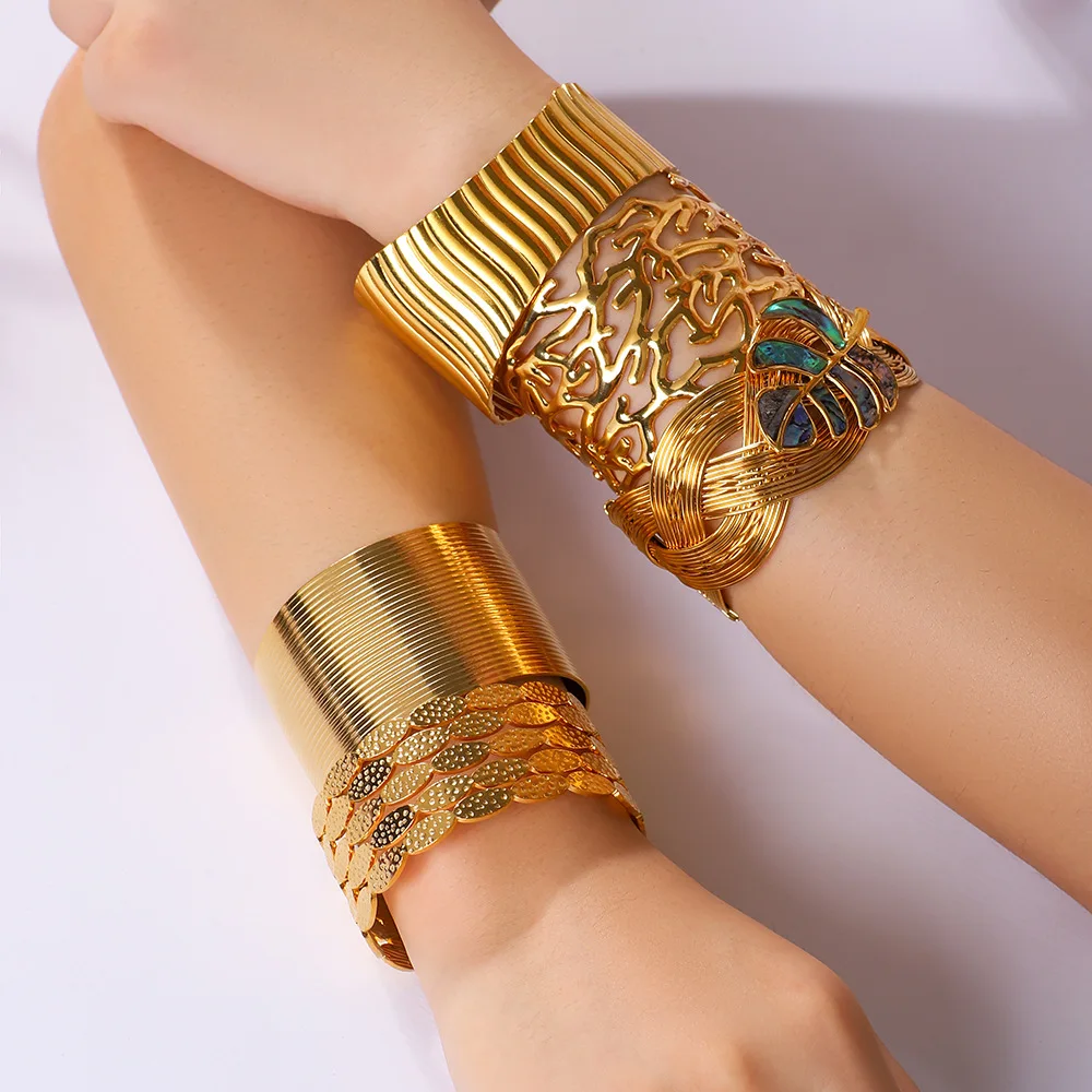 Vintage Personality Coral Stainless Steel Open Bangles Hollow Wrap Wide Cuff Bracelet for Women Bohemia Summer Wrist Jewelry