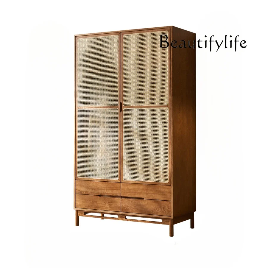 

Household Japanese retro rattan wardrobe combination medieval wabi-sabi wind solid wood double door storage wardrobe bedroom