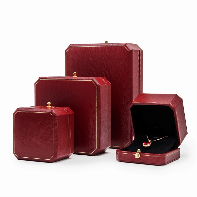 (5pcs) (Ca figure) Red Octagonal Diamond Studded Snap Ring Box, Ring Packaging Box, Wedding Ring Box