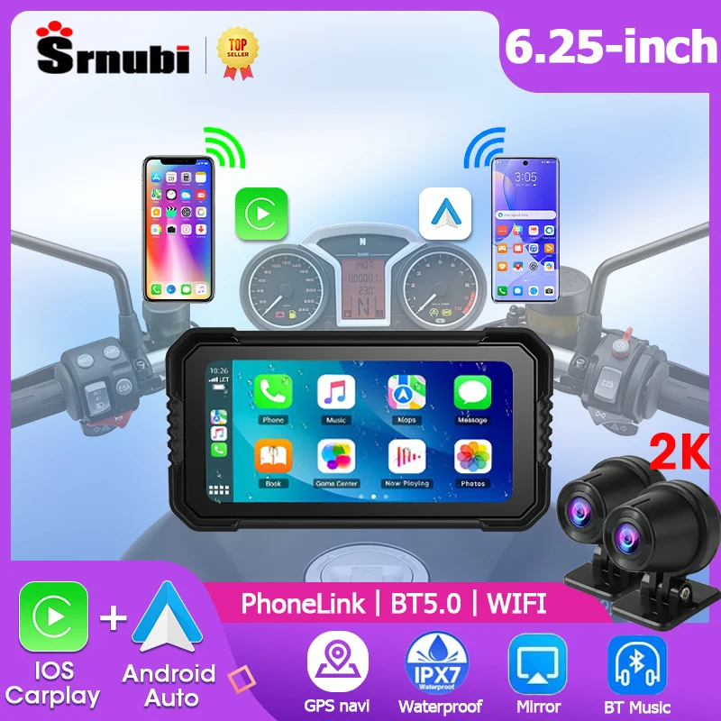 Srnubi 6.25“ Motorcycle DVR 2K CarPlay GPS Navigation Wireless CarPlay Android Auto Display Screen Portable Motorcycle Monitor