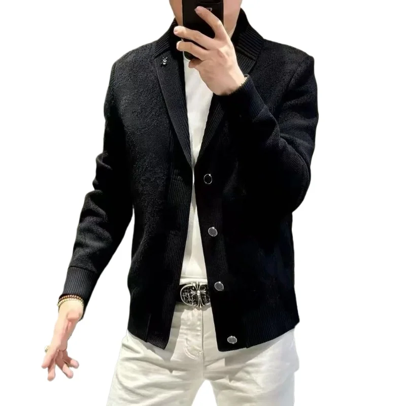 

Men's Autumn and Winter Green Collar Knitted Jacquard Jacket Comfortable Everything Stylish Handsome Fan Trend Men's Clothing