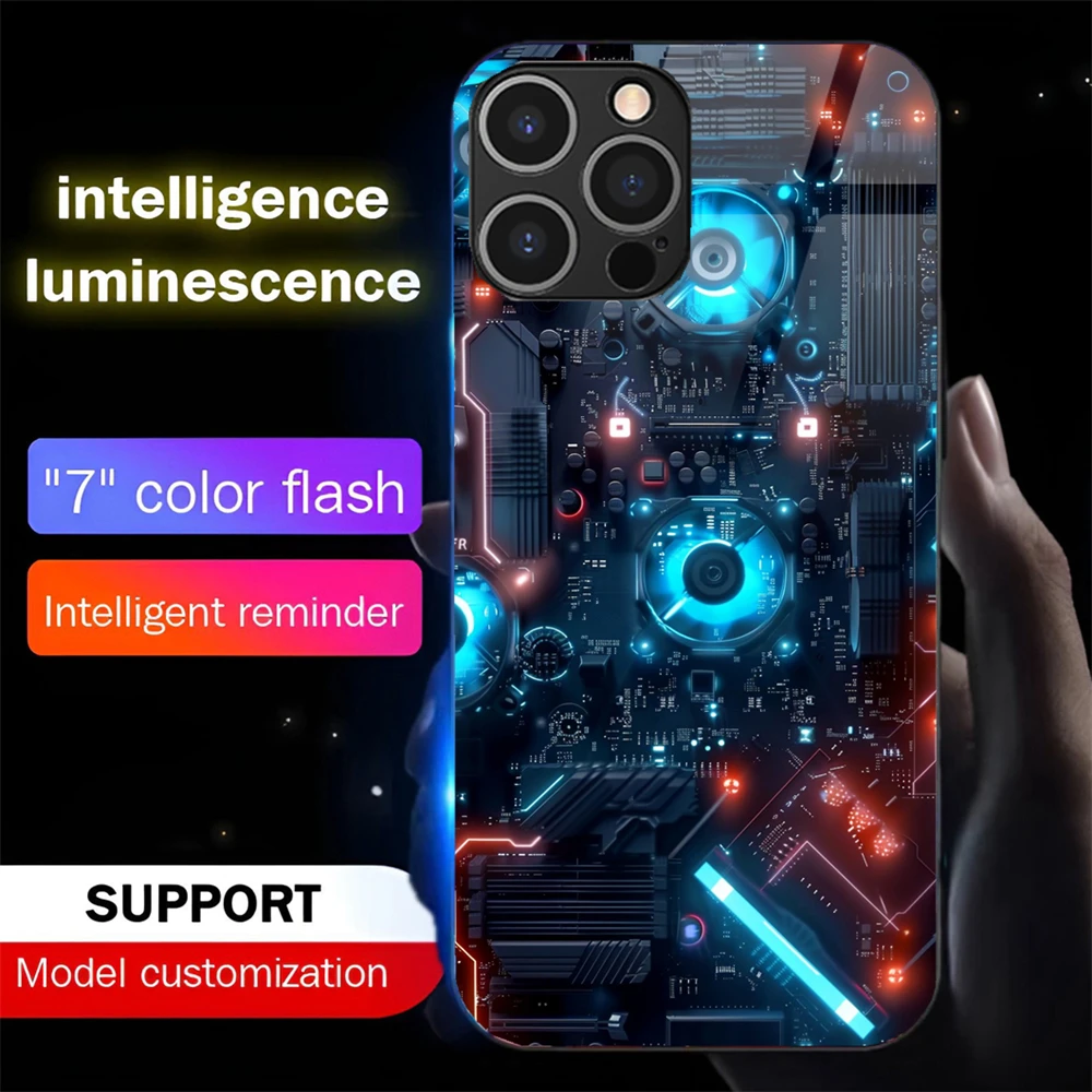 

Luxury PCB Fan Design Smart LED Light Glow Tempered Glass Phone Case For iPhone Air 17 E 16 E 15 14 13 12 11 Pro Max Plus