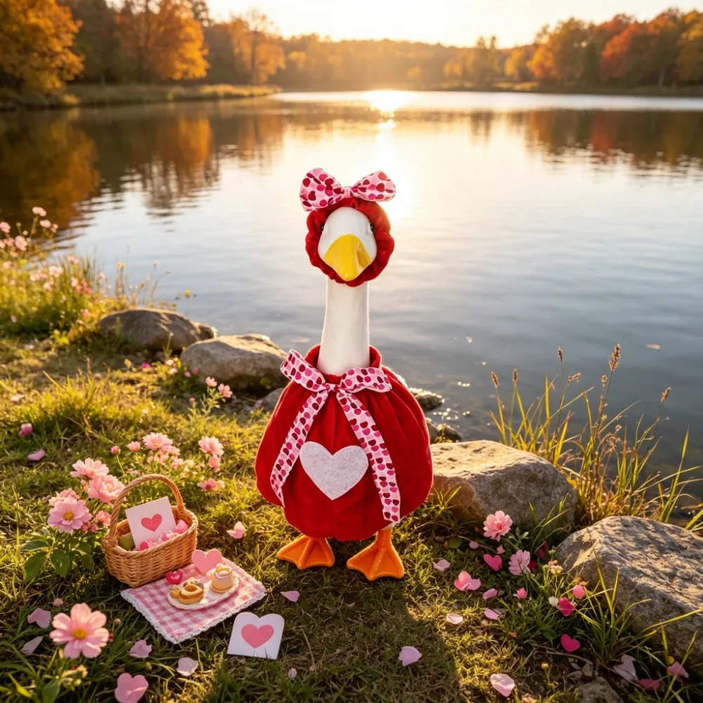1 Set Valentine's Day Heart-decorated Red Outfits, Red Headpiece and Red Dress, for 23 Inch Goose(Goose Not Included), Outdoor