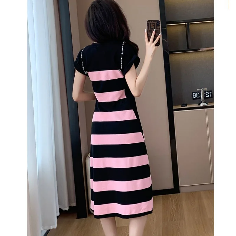 Moda feminina rosa listra retalhos split midi vestido 2025 verão novo o-pescoço manga curta t camisas vestidos roupas casuais