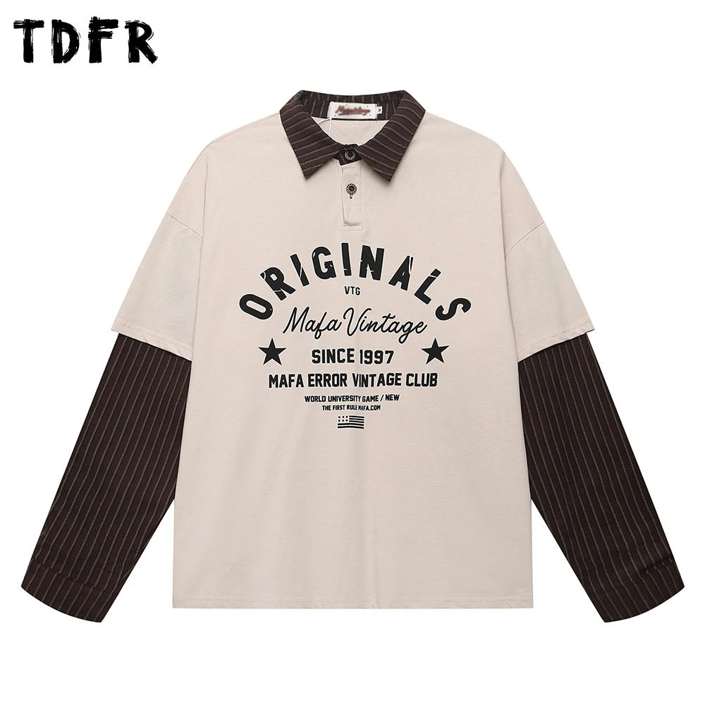 

Letter Print Fake two-piece Long Sleeve T-shirt Mens Spliced Autumn Retro Casual Loose Lapel Cotton Tee Man