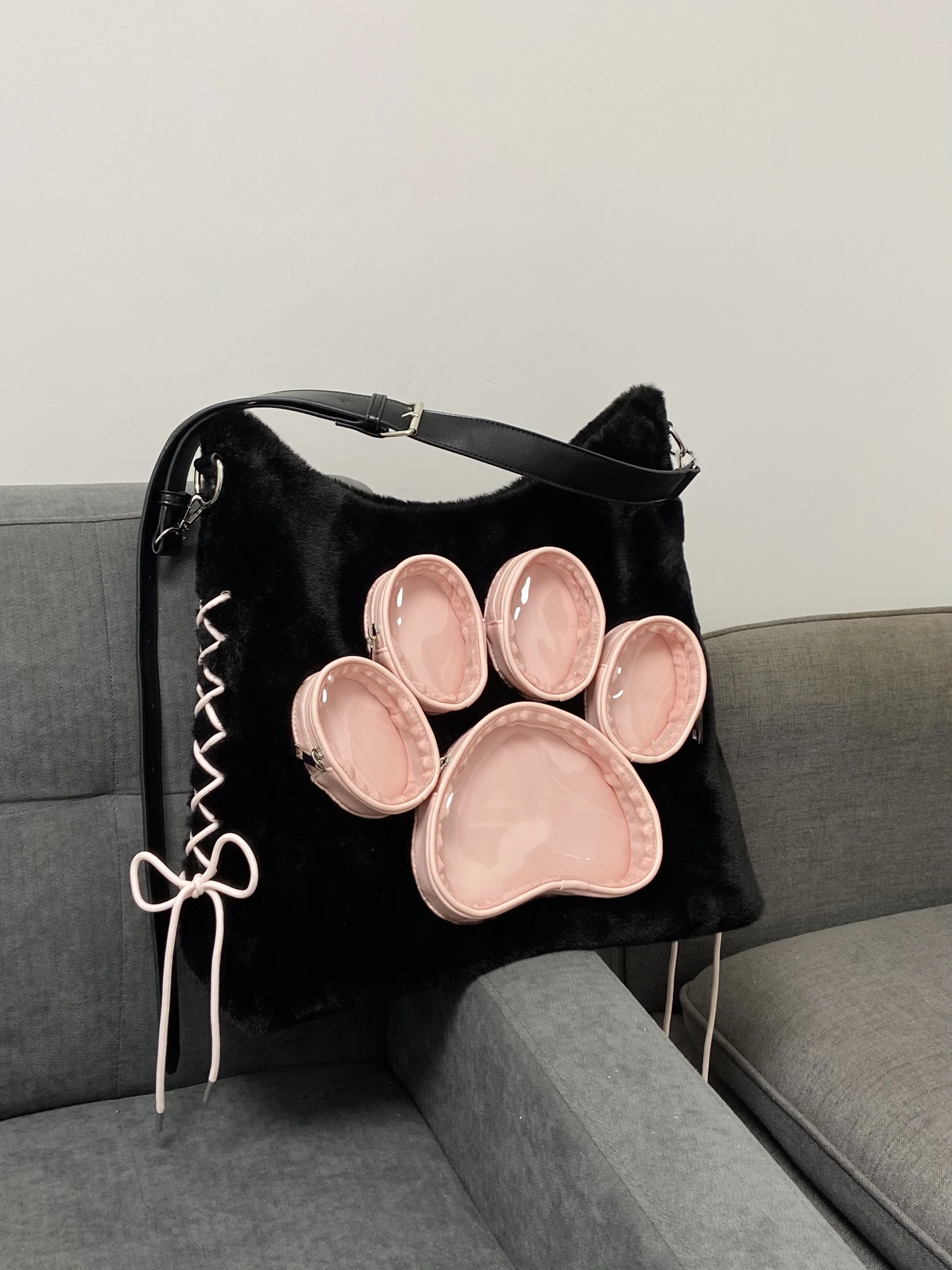 Pre sale styles Original Paw Plush Shoulder Crossbody Pain Bag Large Capacity Plaid Backpack Cute Dog/Cat Paw Bag