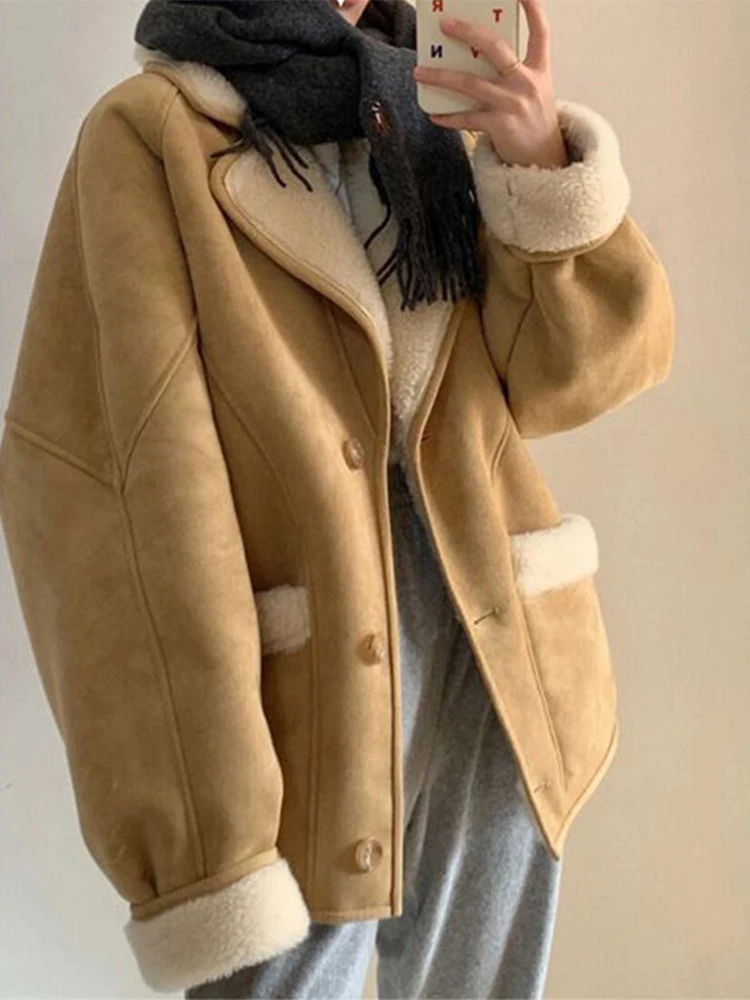 

Autumn Winter Jacket Women Vintage Faux Lamb Wool Coat Female Fashion Motorcycle Plush Overcoat Lady Casual Loose Fluffy Jackets