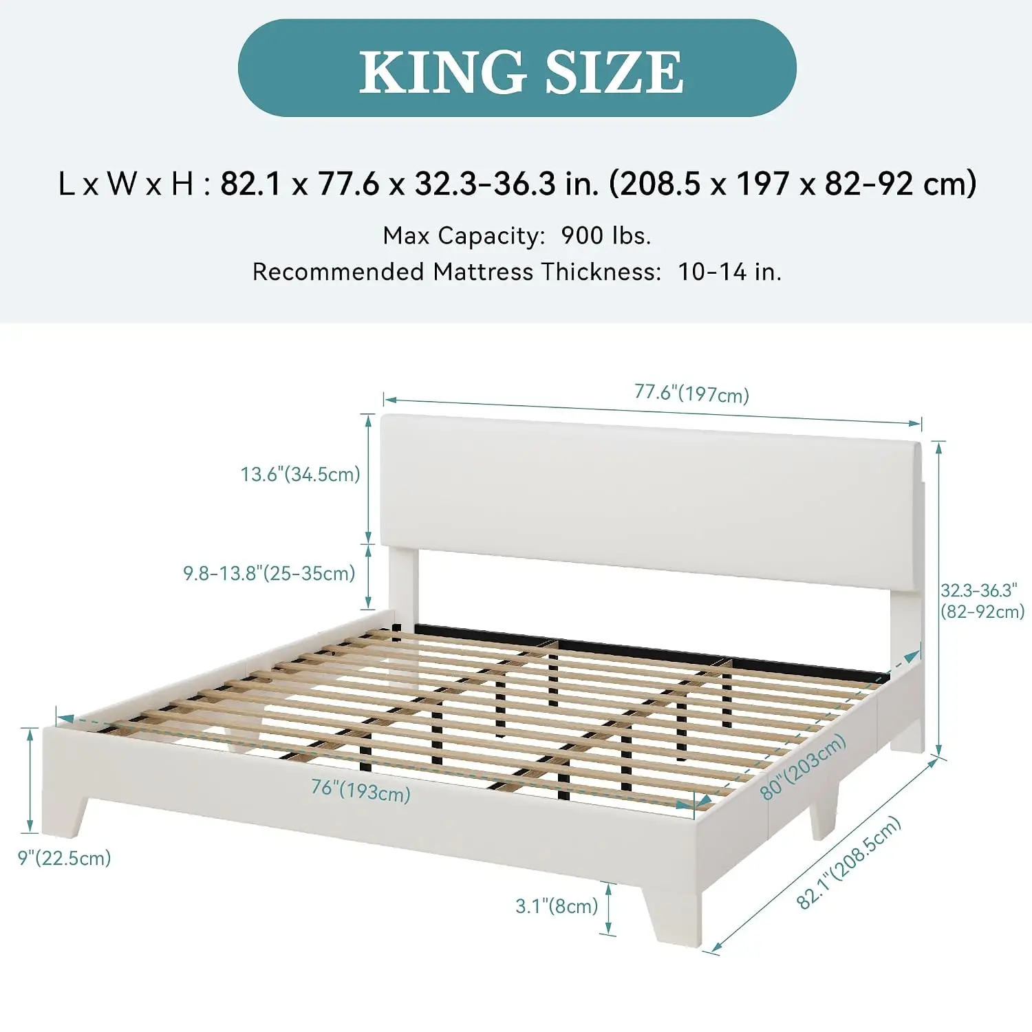 King Size PU Leather Bed Frame, White Upholstered Platform Bed with Headboard, Adjustable Low Profile Design