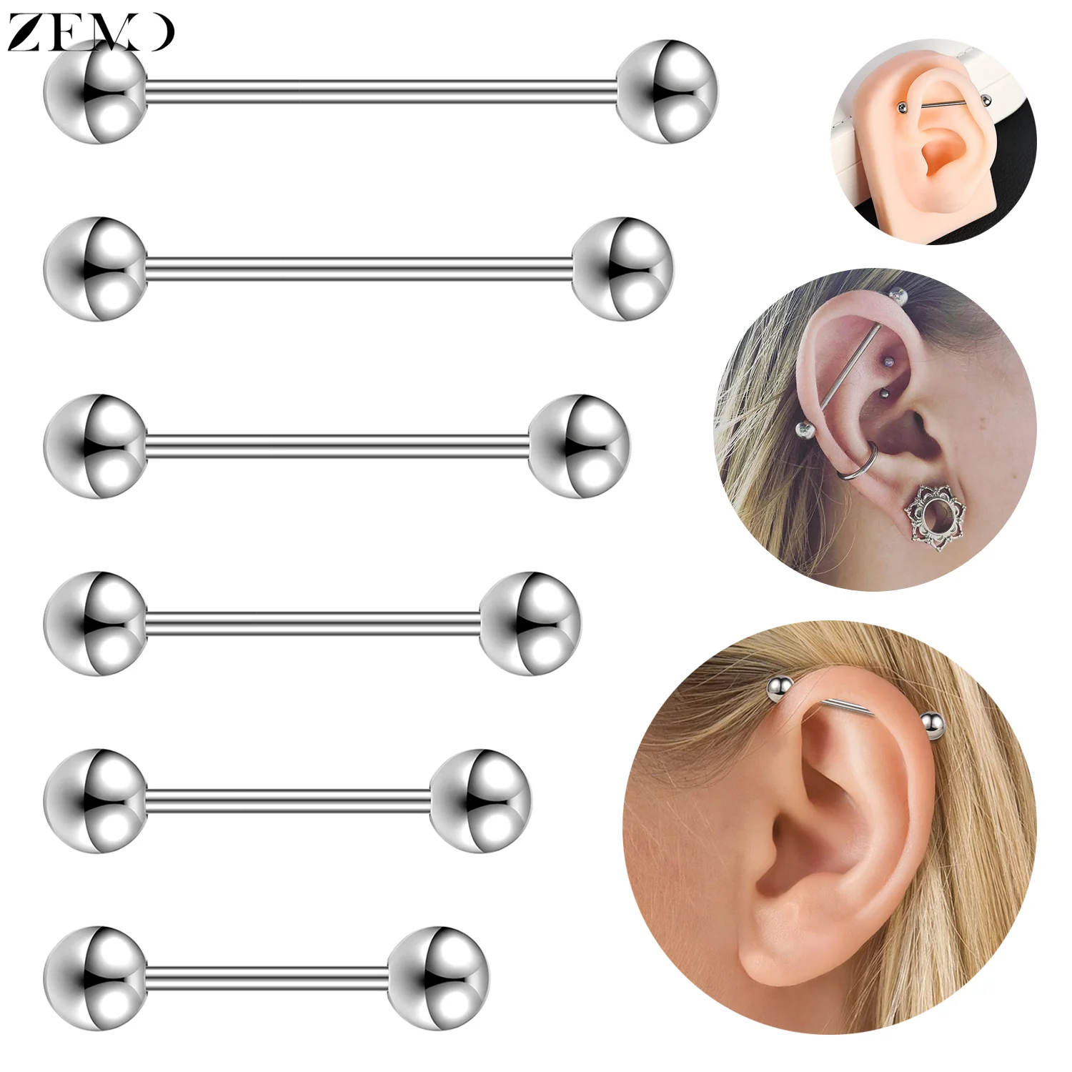 

ZEMO 1 Piece 14G/16G Stainless Steel Industrial Barbell Earrings Men Women Ear Studs Basic Cartilage Helix Lobe Piercing 12-60MM