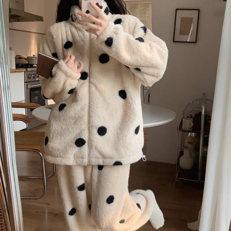 

Комплекты пижам для взрослых: женские теплые пижамы из шерстяной смеси с термоизоляцией, V-образный вырез, длинный рукав, брюки полной длины