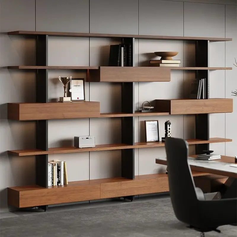 Modern simple solid wood office file cabinet bookshelf integrated against the wall floor shelf with drawers wrought iron living