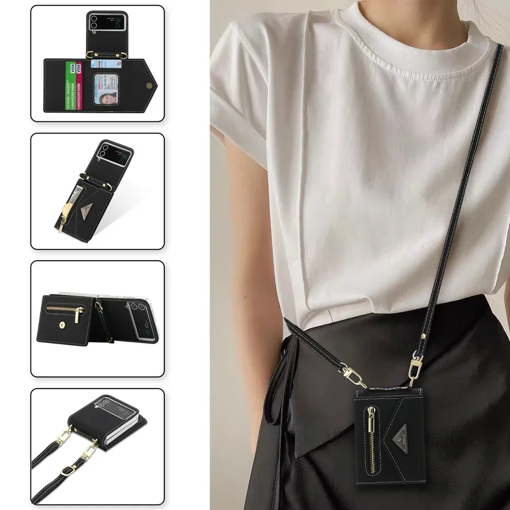 

Чехол для телефона через плечо для Samsung Galaxy Z Flip 4 3 5G Flip4 Flip3, противоударный кожаный чехол с геометрическим слотом для карт и ремешком