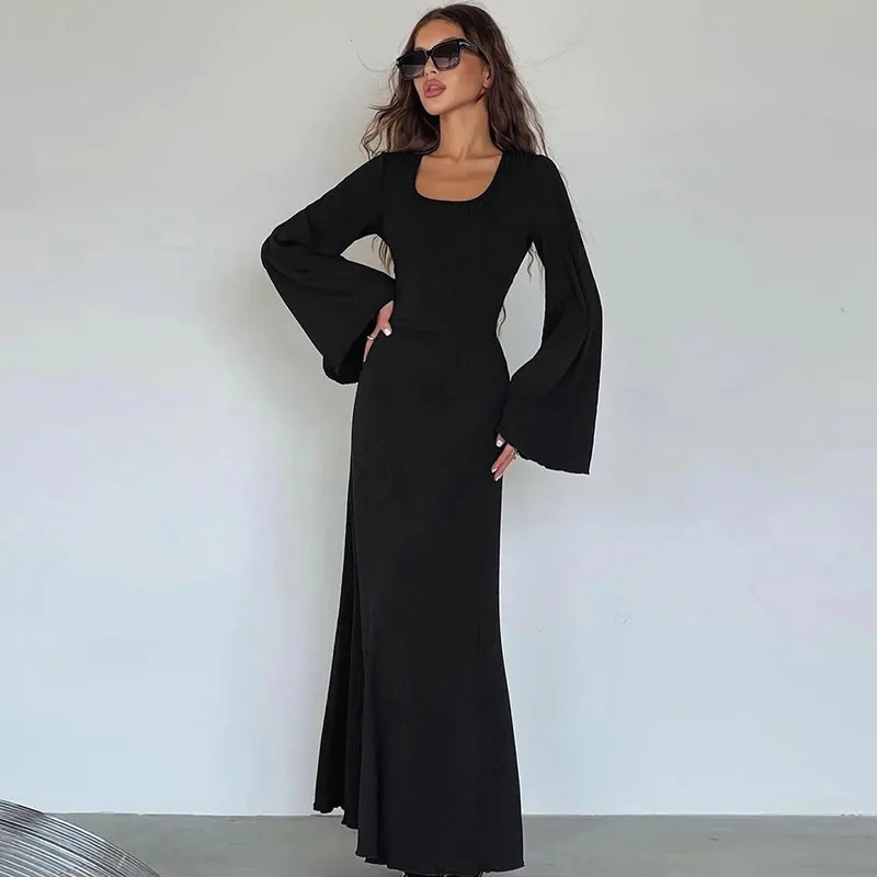 

Summer Solid Fashion Casual Office Lady Dresses for Women Slim Sexy Lace-up Vestidos Long Flare Sleeved Maxi Floor-Length Dress