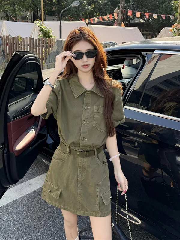 

plus Size American Workwear Style Denim Skirt Slimming A-Line Short Dress Vintage Sleeveless Women's Fashion Summer Dress