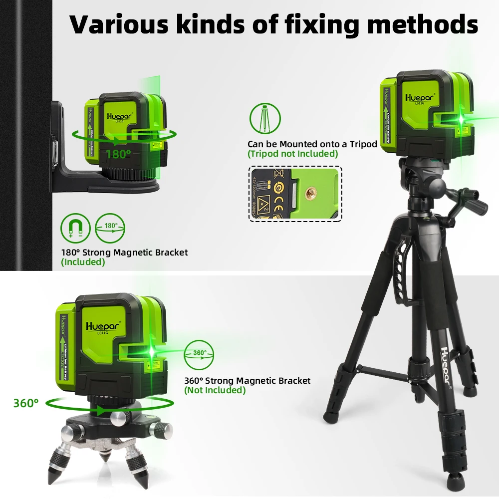 Huepar 2 lines Laser Level Kit Osram Diode Green Beam Self-leveling Cross Line Li-ion Battery with Pulse Mode Tripod Laser Tools