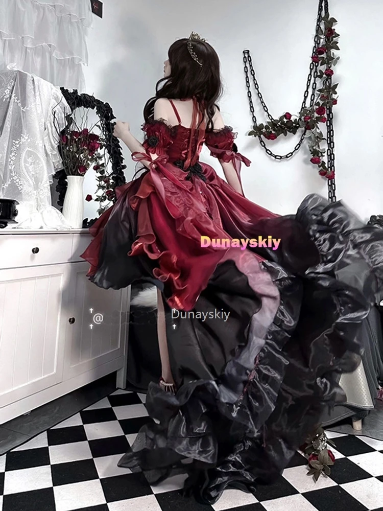 Dark Bride Red Flower Wedding Dress Cos Lolita Dress Op Dress Lolita Heavy Industry Trail Puffy Princess Dress, Lolita Cosplay