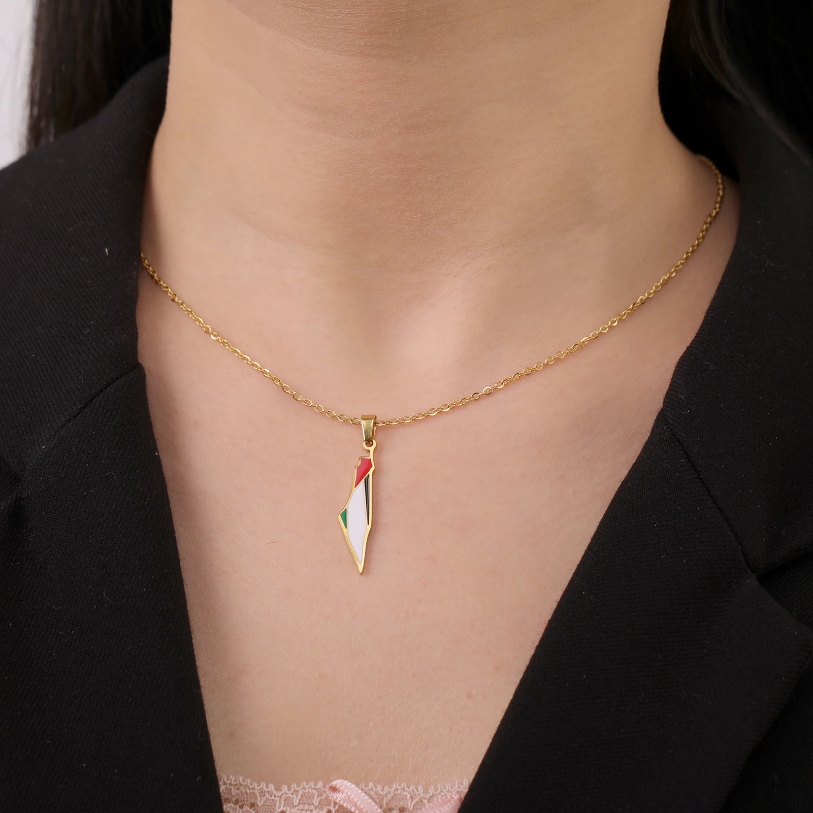 COOLTIME Palestine Map Flag Pendant Necklace for Women Stainless Steel Geography Map Shape Choker Chain Jewelry Wholesale - view 5