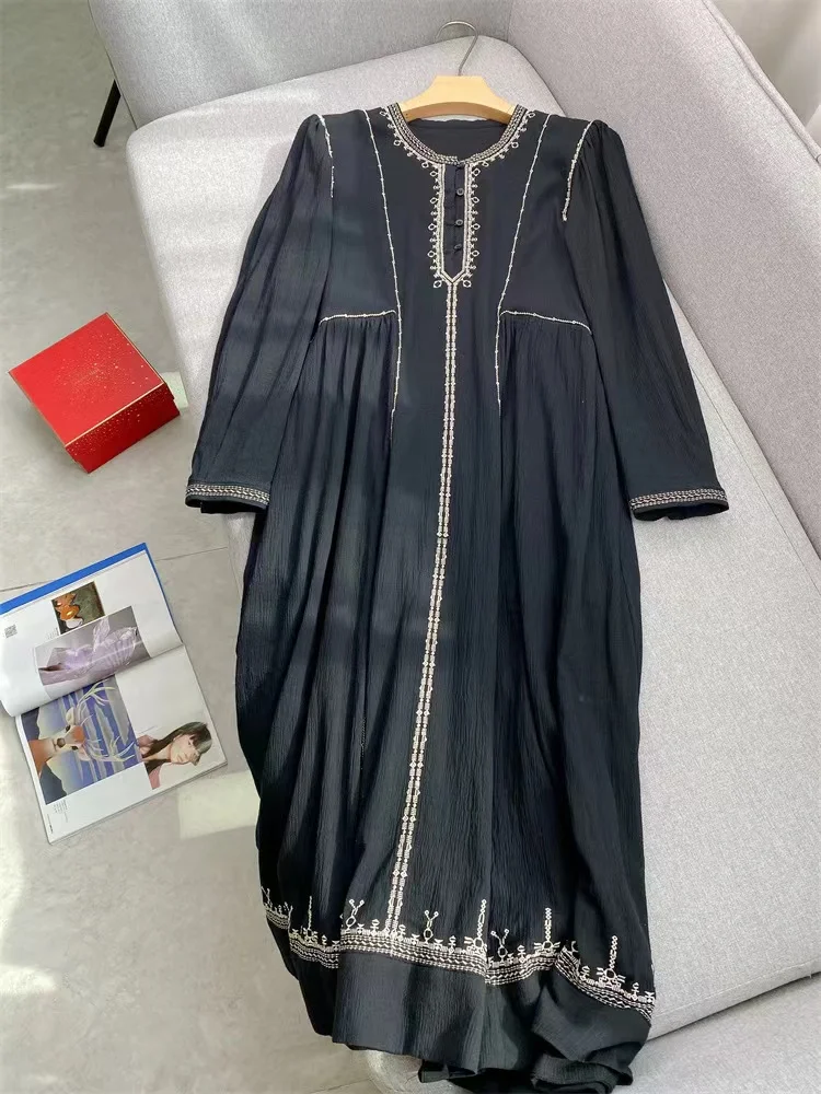 2024 Early Autumn New Bohemian Style Cotton Dress Women Temperament Commuting Long Sleeve Embroidery Loose Vacation Robe Ladies