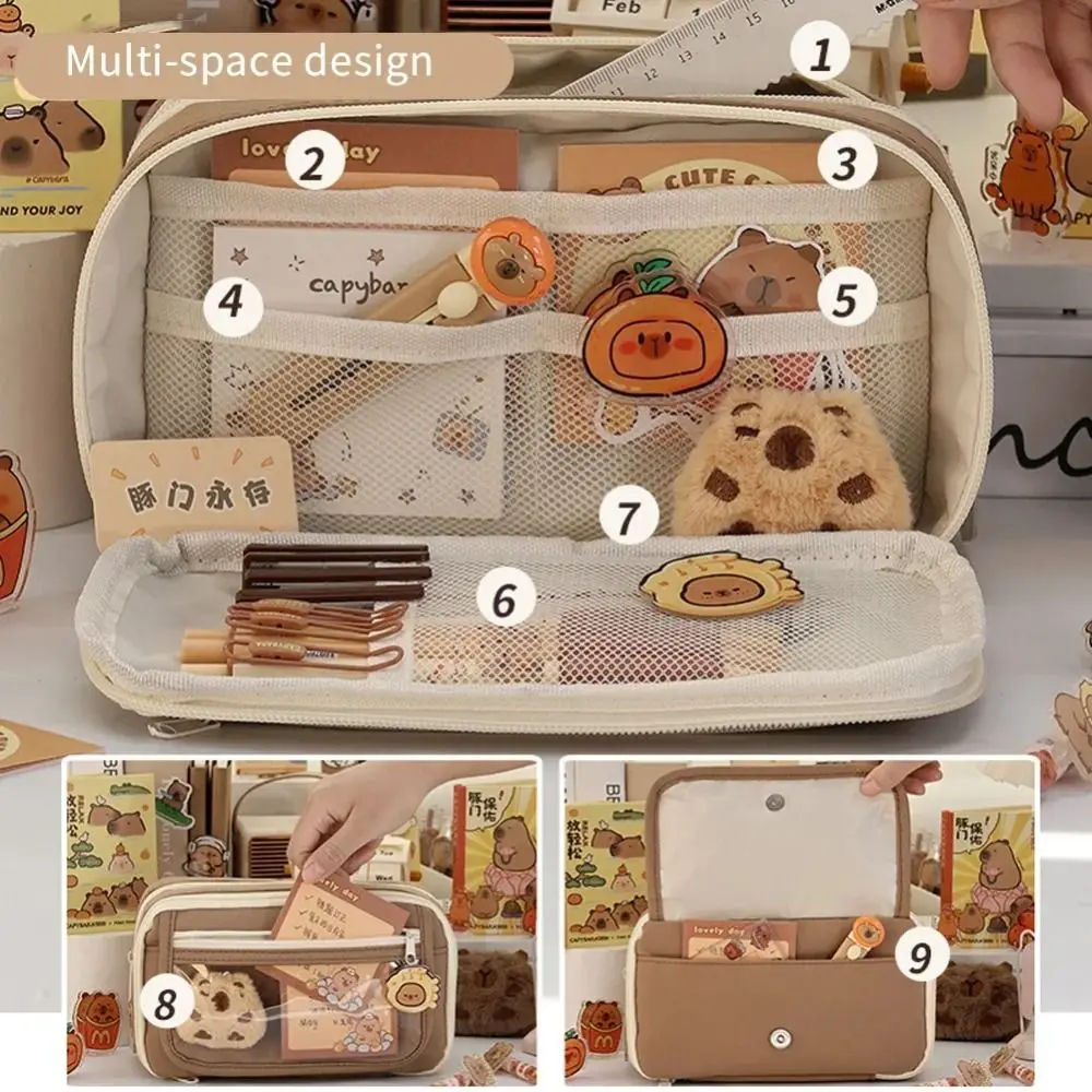 Capybara Transparent Pencil Case Large Capacity with Front Pocket Transparent Pen Bag Portable 9 Grid Stationery Box